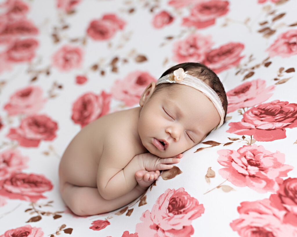 Newborn baby posed in an adorable flowery setup, capturing the innocence and beauty of infancy in a San Diego photography studio