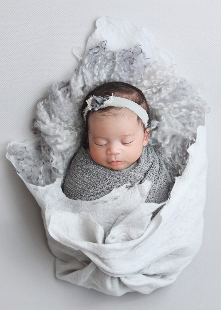 Sleeping newborn baby nestled in a soft blanket, photographed during a luxury newborn photography session. How to become a newborn photographer.